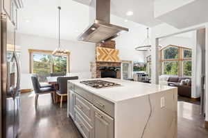 Kitchen with stainless steel appliances, island exhaust hood, open floor plan, dark wood-style flooring, and recessed lighting