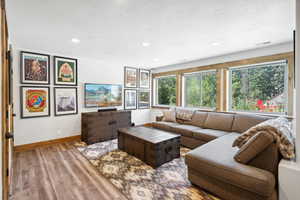Living area with wood finished floors, recessed lighting, and a textured ceiling