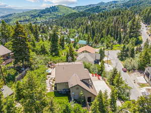 View of subject property with mountains and a heavily wooded area