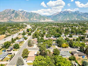 Aerial perspective of suburban area featuring mountains