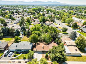 Aerial view of residential area featuring mountains