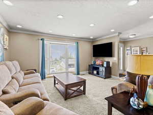 Living room with crown molding, light colored carpet, recessed lighting, and a textured ceiling