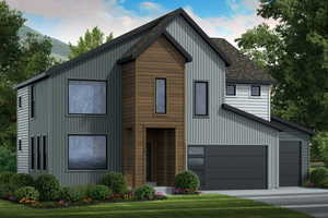 View of front facade with a shingled roof, a garage, a mountain view, and board and batten siding