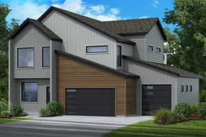 Modern farmhouse with roof with shingles, a garage, and driveway