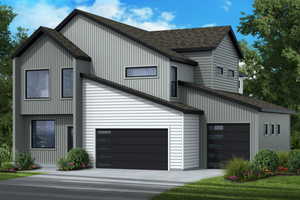 Modern farmhouse with roof with shingles, a garage, and driveway