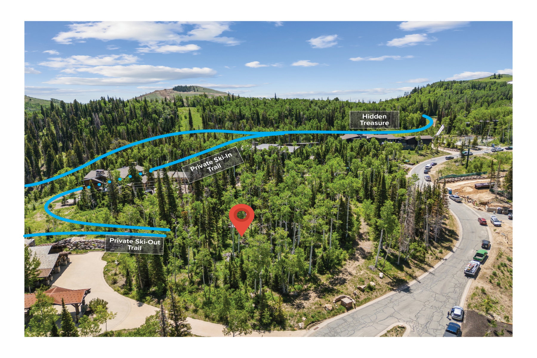 Aerial view of property and surrounding area with property boundaries highlighted and a mountain backdrop