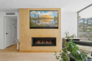 Living area featuring wood finished floors and a lit fireplace