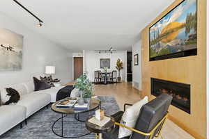 Living room with track lighting, wood finished floors, and a glass covered fireplace