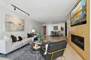 Living room featuring rail lighting, a glass covered fireplace, and wood finished floors