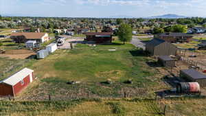 Aerial view of residential area with a mountain backdrop