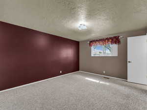 Spare room featuring a textured ceiling and carpet flooring