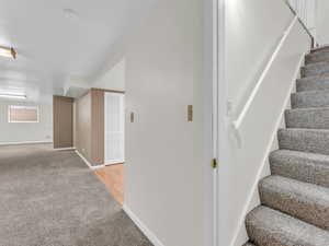 Stairs featuring carpet flooring and baseboards