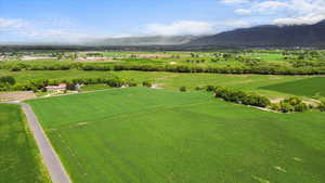 Overview of rural landscape with a mountainous background
