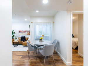Dining room featuring wood finished floors and recessed lighting