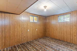 Below grade area featuring healthy amount of natural light and wood walls