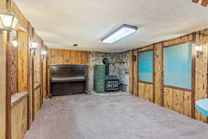 Living area with a wood stove, wooden walls, carpet floors, and a textured ceiling