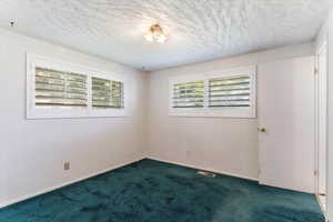 Unfurnished room with carpet and a textured ceiling