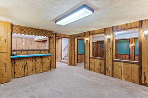 Finished basement featuring carpet flooring, wood walls, a textured ceiling, and stairs