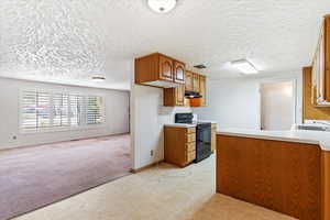 Kitchen with black range with electric stovetop, light colored carpet, under cabinet range hood, brown cabinets, and open floor plan