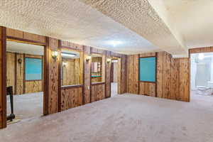 Finished basement featuring carpet floors, a textured ceiling, and wood walls