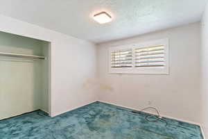 Unfurnished bedroom featuring carpet flooring, a closet, and a textured ceiling