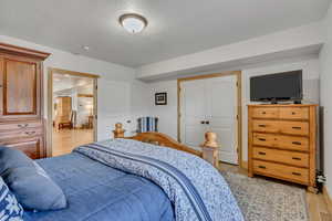 Bedroom with light wood-type flooring, a closet, and a textured ceiling