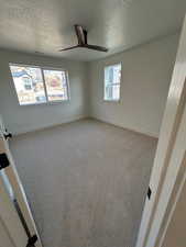 Unfurnished room featuring light colored carpet and a textured ceiling