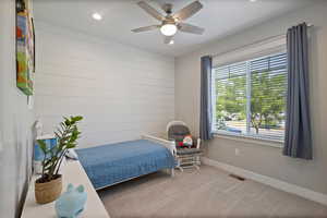Bedroom with recessed lighting, carpet floors, and ceiling fan