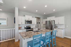 Kitchen featuring stainless steel appliances, dark wood-type flooring, tasteful backsplash, white cabinets, and recessed lighting