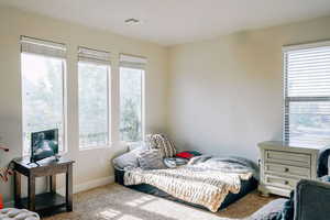 Bedroom with multiple windows and carpet floors