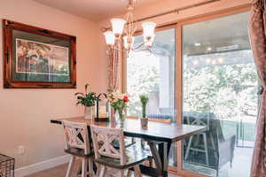 Dining area featuring a chandelier and wood finished floors