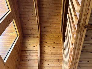 Detailed view of a relaxing sauna and beamed ceiling