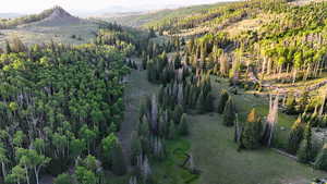 Aerial view of property and surrounding area with a mountainous background