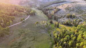 Aerial view of property and surrounding area with a heavily wooded area