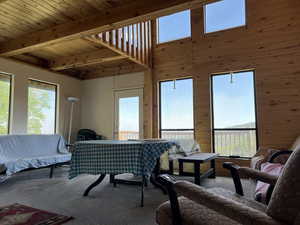 Carpeted living area featuring a wooden ceiling with exposed beams and wood walls