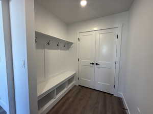 Mudroom with dark wood finished floors and baseboards
