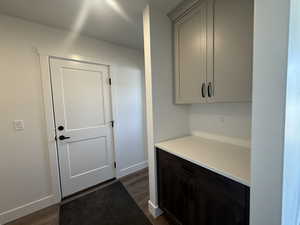 Kitchen with dark wood-style floors and light countertops