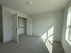 Unfurnished bedroom with carpet floors and a closet