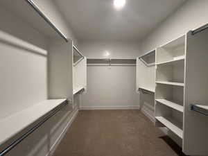 Walk in closet featuring dark colored carpet
