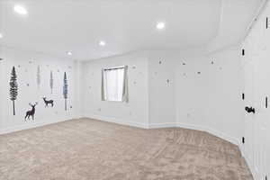 Spare room featuring light carpet and recessed lighting