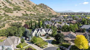 Aerial perspective of suburban area featuring a mountain backdrop