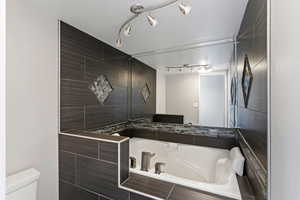 Full bath featuring a bath and rail lighting