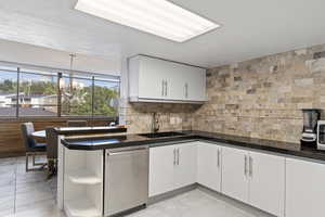 Kitchen featuring stainless steel dishwasher, white cabinets, backsplash, and dark countertops