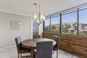 Dining space featuring a chandelier, healthy amount of natural light, a mountain view, a textured ceiling, and ornamental molding