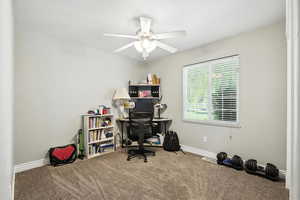 Home office featuring carpet flooring and a ceiling fan