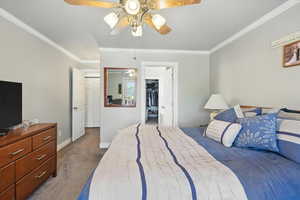 Carpeted bedroom with ornamental molding, a ceiling fan, and a closet