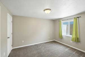 Carpeted empty room with a textured ceiling
