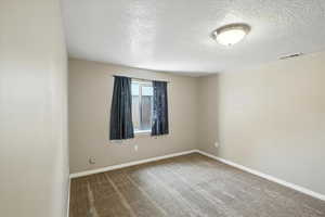 Carpeted empty room featuring a textured ceiling
