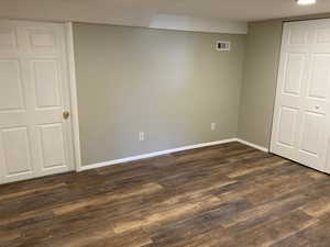 Unfurnished bedroom with dark wood-type flooring and a closet