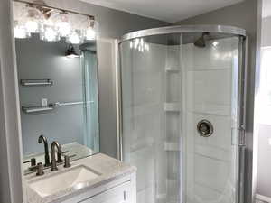 Full bath featuring a shower stall and vanity